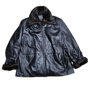 90s grunge indie black leather jacket with faux fur liner